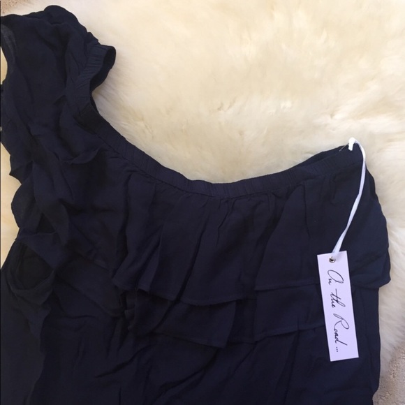 On The Road Navy One Shoulder Ruffle Top - Picture 3 of 4